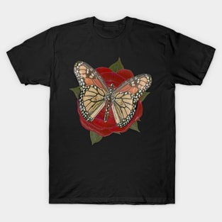 Rose Flower Monarch Butterfly T-Shirt